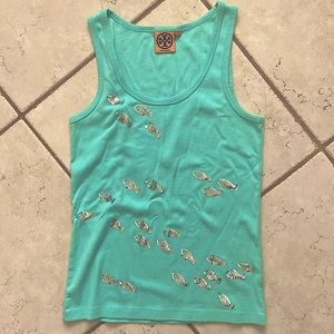 Tory Burch small tank top sequin fish aqua color